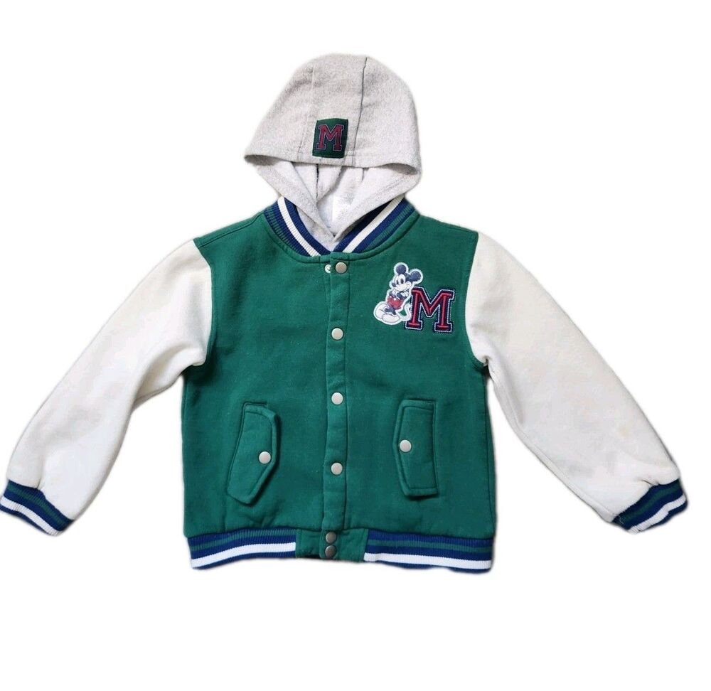 Disney Mickey Mouse Varsity Jacket Hoodie Green Snap Front Toddler Boys Sz 6 GUC
